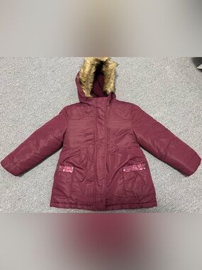 Girls' 2 in 1 Burgundy Hooded Puffer Coat with Faux Fur Trim